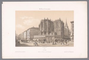 Zicht op de kerk Saint-Nizier en de rue de l'Impératrice te Lyon Lyon. Apsis av St. Nizier og Rue de l'Impératrice (tittel på objekt) Hedendaags Frankrijk (serietittel) France Today (serietittel på objekt) av Isodore Laurent Deroy