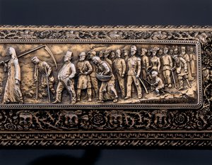 Detalj av et miniatyr menneskeskjelett og sarkofag av Israel Rouchomovsky