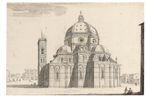 The Duomo and Campanile, Florence (svart kritt, penn og grått blekk, brunt og grått vask på papir med vannmerkeenhet) av Israel the Younger Silvestre
