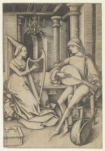 Lutespiller og harpist, fra Scenes of Daily Life,.n.d. av Israhel van Meckenem