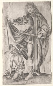 St. Martin deler sin kappe for en tigger. av Israhel van Meckenem
