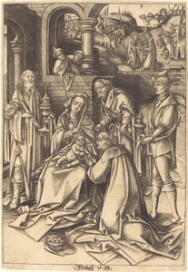 Tilbedelsen av magiene av Israhel van Meckenem after Hans Holbein the Elder