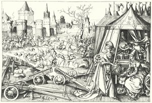 Halshuggingen av den assyriske generalen Holofernes av israelitten Judith av Bethulia, fra diktet Judith (gravering) av Israhel van the Elder Meckenem