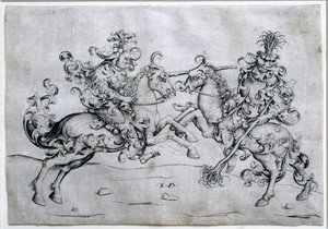 To ryttere som spiller. Spill med to menn til hest. Tegning av Israel Van Meckenem (ca. 1440-1503). Museet Louvre av Israhel van the younger Meckenem