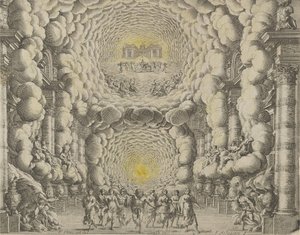 Design for et teatersett laget av Giacomo Torelli da Fano for balletten 'Les Noces de..., 1654 av Israël Silvestre