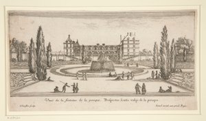Utsikt over Chateau Liencourt: En gårdsplass med en fontene av Israël Silvestre