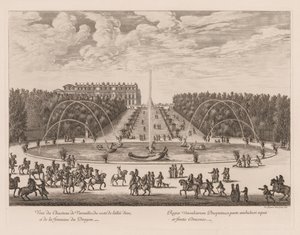 Utsikt over Château de Versailles, fra siden av smug og dragefontenen av Israël Silvestre