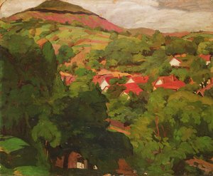 Landskap ved Nagybanya, Ungarn, panel fra 1918 av Istvan Reti