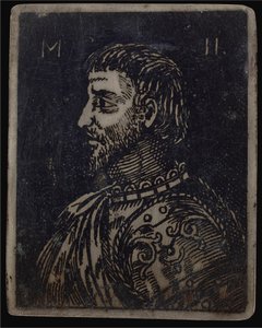 Byste av en skjeggete mann med utsmykket brystplate vendt mot venstre av Italian 16th Century
