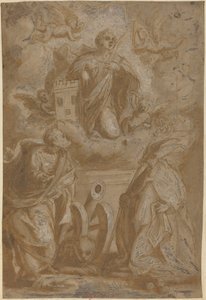 Saint Barbara in Glory med de hellige Nicholas og Jerome av Italian 16th Century