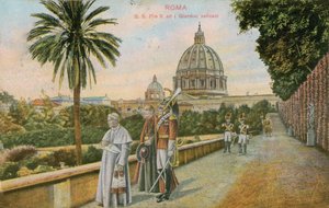 Pave Pius X i Vatikanets hager, Roma. Postkort sendt i 1913. av Italian Photographer