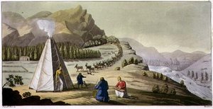 En lapphytte eller åttekantet telt med en reinflokk som kommer nedover fjellet, plate 47 fra 