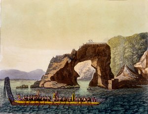 Et Maori-befestet utkikkspunkt i New Zealand, kombinert med Maori War Canoe, 1820-30-tallet (håndfarget akvatint) av Italian School