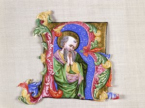 A Praying Saint, en stor historisk initial R, ca. 1400 (historisk initial, kuttet fra en antifonal på vellum) av Italian School