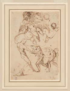 En studie av bundne mannlige figurer som blir håndtert, og forskjellige Putti, en som holder et palmeblad av Italian School