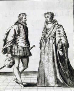Et par italiensk adel. Gravering fra "" Il ballarino "" (eller Il danser) handler om dansen til dansemesteren Fabritio Caroso (1527 / 1535-1605 / 1620) 1581. Civic Museum Biblioteca Musicale, Bologna av Italian School