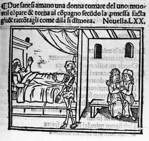 En mann forelsket i sin venns kone erstatter ham i ekteskapet når han dør. Illustrasjon for nyheter 70 (Nyheter 10 av den sjette dagen) av "Decameron"" av Giovanni Boccaccio dit Jean Boccaccio (1313-1375), italiensk forfatter. Gravering i «» Decame av Italian School