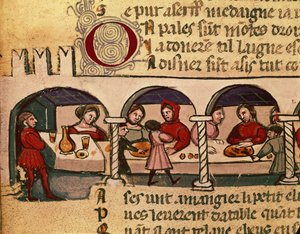 Et måltid på et vertshus, fra Codex Entree dEspagne av Italian School