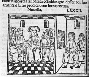 En historie om kjærligheten til en nonne. Illustrasjon for nyheter 82 (Ny 2 av den niende dagen) av "Decameron"" av Giovanni Boccaccio dit Jean Boccaccio (1313-1375), italiensk forfatter. Gravering i "" Decamerone ouer Cento nouelle"" Venezia, Bartolomeo d av Italian School