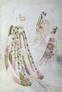 En kvinne og to menn i lange frakker, ca. 1450 (blekk og akvarell på papir) av Italian School