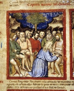 Abraham omskjærer jødene, illustrasjon fra "The Codex of Padua" 1390-1400 av Italian School
