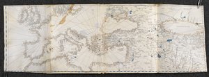 Legge til. 21592, f.1r Kart over Europa og Asia. Portolano, på tjueen kart, over land på begge halvkuler (vellum) av Italian School