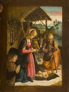 Tilbedelse av barnet med portrett av donor, ca. 1500 (tempera på panel) av Italian School