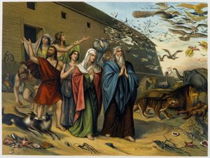 Etter flommen kommer Noah, hans familie og dyr ut av arken - i "Classic Golden Bible: history of divine revelation in the old and in the new spenning" "av Giovanni Ladislao Sykora (bd. 1), oversatt av Don Clemente Benetti . (italiensk bibel) av Italian School