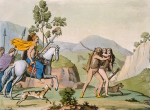 Gamle keltiske krigere på utflukt møter et par på jakt, ca. 1800-18 (farget gravering) av Italian School