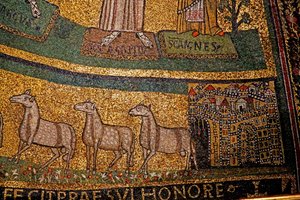 Apsis detalj, Betlehem og sauer (mosaikk) av Italian School