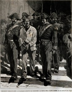 Arrestasjon av Giovanni Passannante (1849-1910) som utførte angrepet på den italienske kongen Umberto I (Humbert I) i Napoli i 1878. Denne hendelsen inspirerte poeten Giovanni Pascoli (1855-1912) i en Ode. Gravering av 1800-tallet av Italian School