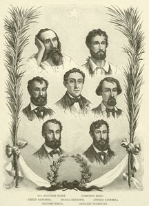 Avv Anacarsi Nardi, Domenico Moro, Emilio Bandiera, Nicola Ricciotti, Attilio Bandiera, Giacomo Rocca, Giovanni Venerucci (gravering) av Italian School