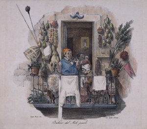 Balkong ved den lille bryggen i Napoli, Italia, 1800-tallet (litografi) av Italian School