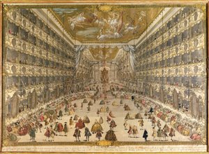 Ball til ære for fødselen til erkehertug Pietro Leopoldo av Østerrike, ved Ducal Theatre of Milano 28. mai 1747 (fargegravering) av Italian School