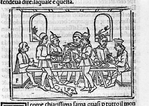 Bankettscene i nærvær av medlemmer av den florentinske adelen. Illustrasjon for «Decameron»» av Giovanni Boccaccio dit Jean Boccace (1313-1375), italiensk forfatter. Gravering i "" Decamerone ouer Cento nouelle"" Venezia, Bartolomeo de 
