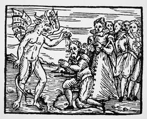 Baptism by the Devil, kopi av en illustrasjon fra Compendium Maleficarum av Fr M Guaccius, Milano 1608, brukt i History of Magic, utgitt sent på 1800-tallet av Italian School