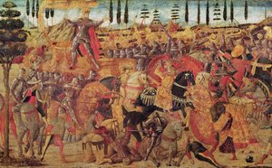 Kamp mellom Darius (399-330 f.Kr.) og Alexander den store (356-323 f.Kr.) (olje på panel) av Italian School