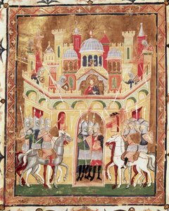 Kampscene ved Jerusalems murer, fra Descriptio Terrae Sanctae av Burcardus Theutonicus eller Burchard of Mount Sion av Italian School