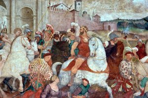 Kampscene utenfor bymuren, ca. 1460-tallet (fresco) av Italian School