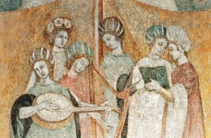 Bicocca degli Arcimboldi: freskomaleri fra 1400-tallet, detalj av kvinner som spiller musikk (fresko) av Italian School