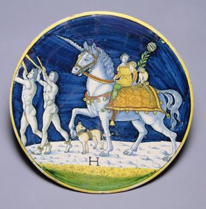 C.86-1927 Fat som viser Cæsars hest fra Cæsars triumf, tilskrevet Jacopo di Pietro, italiensk, fra Caffaggiolo av Italian School