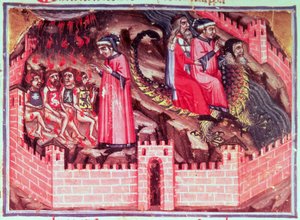 Canto XVII Fire Sodomites: Dante og Virgil rir på ryggen av Geryon inn i Circle of the Fraudulents, fra den guddommelige komedie (infernoet), ca. 1313