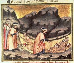 Canto XXXIII Dante og Virgil møter Ugolino i Circle of the Treacherous, fra den guddommelige komedie (infernoet), ca. 1313 av Italian School