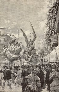 Vogner som paraderer under karnevalets siste dag, Napoli, Italia, gravering fra tegning av Matania, fra L'Illustration Italiana, nr. 10, 9. mars av Italian School