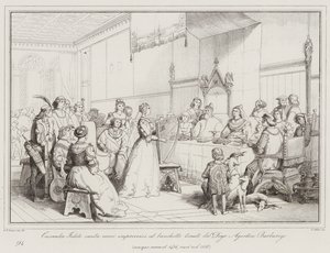 Cassandra Fedele synger plutselige vers på banketten holdt av Doge Agostino Barbarigo ... (gravering) av Italian School