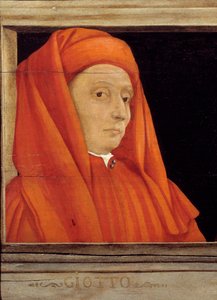 Cassone med 5 portretter av Mesteren av den florentinske renessansen, detalj med portrettet av Bondone Ambrogio dit Giotto di Bondone (ca. 1267-1337), italiensk skole på 1500-tallet, olje på tre. Inskripsjonen nedenfor er sannsynligvis suksessiv. Museet d av Italian School