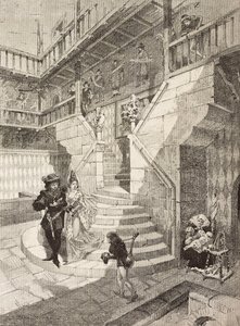 Slottsgård, middelalderlandsby i Torino, Italia, gravering av Bonamore fra L'Illustration Italiana, nr. 18, 4. mai av Italian School