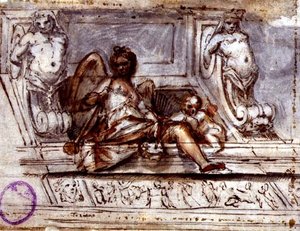 Takdesign med Muse of Music, ca. 1700 (penn og blekk med akvarell på papir) av Italian School