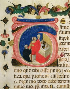 Feiring av eukaristien, fra en Mariegola fra lekmannslauget St. Hieronymus, ca. 1400 (blekk og bladgull på vellum) av Italian School