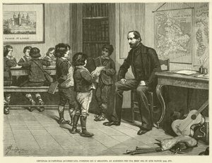 Hundrevis av barn som løper, legger ned orgelet og setter seg ned i en halv time på de benkene (gravering) av Italian School
